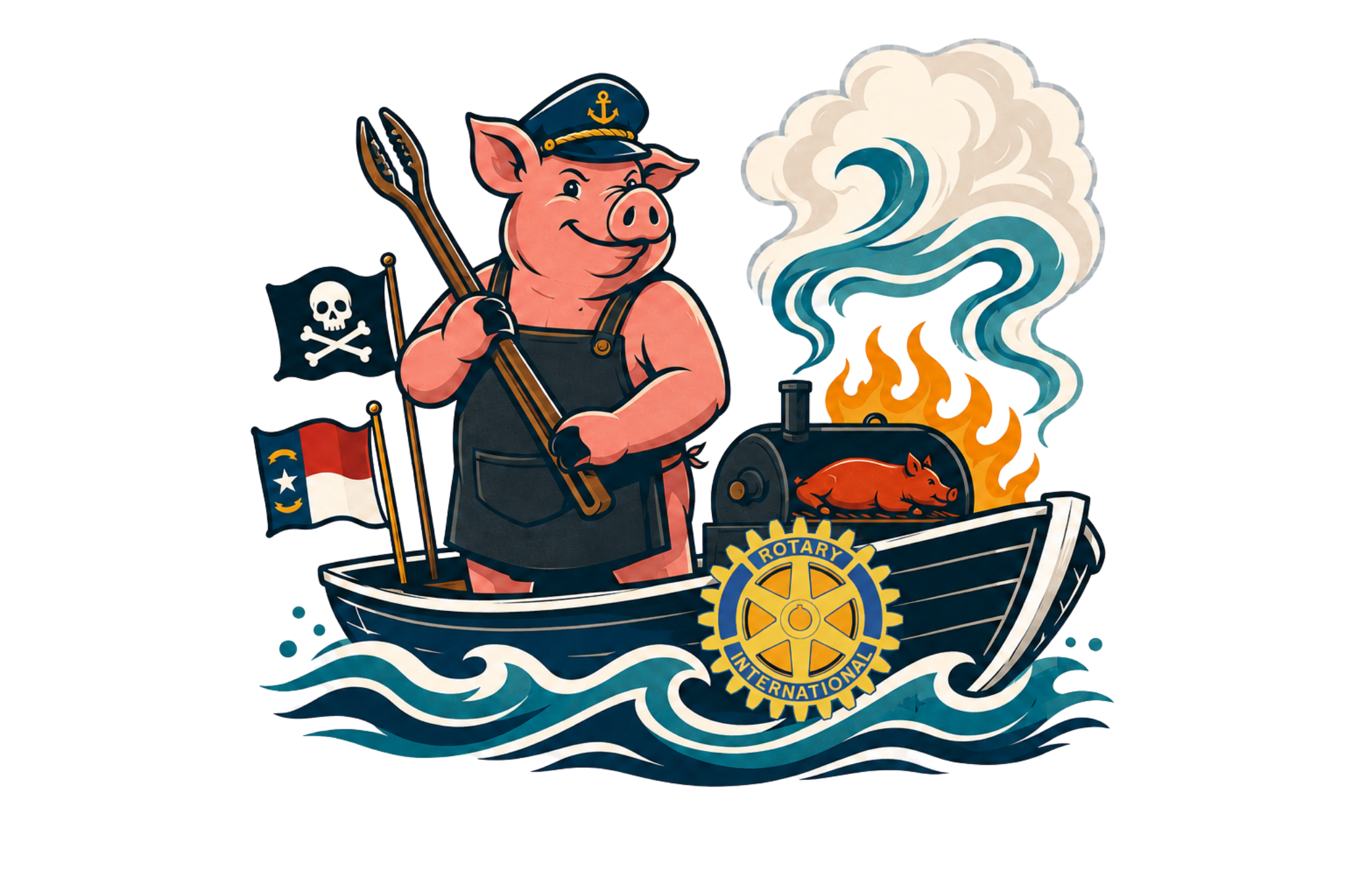 Smoke on the Water pig boat mascot with Rotary International wheel
