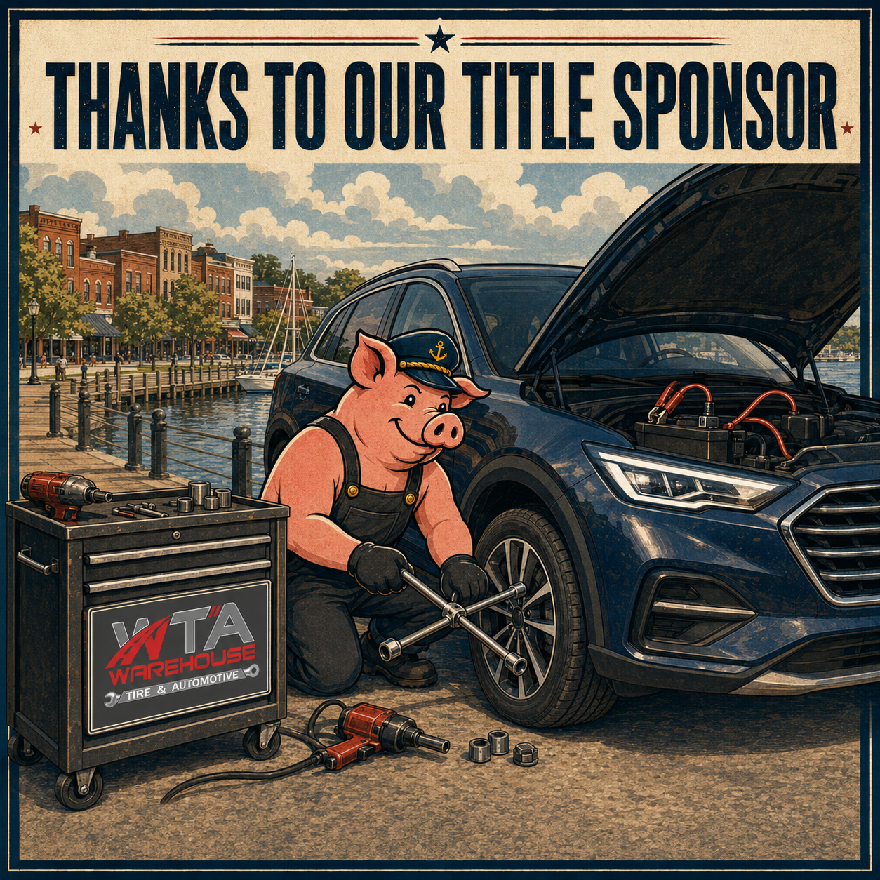 Smoke on the Water pig mascot changing a tire beside a WTA service vehicle on the Washington waterfront